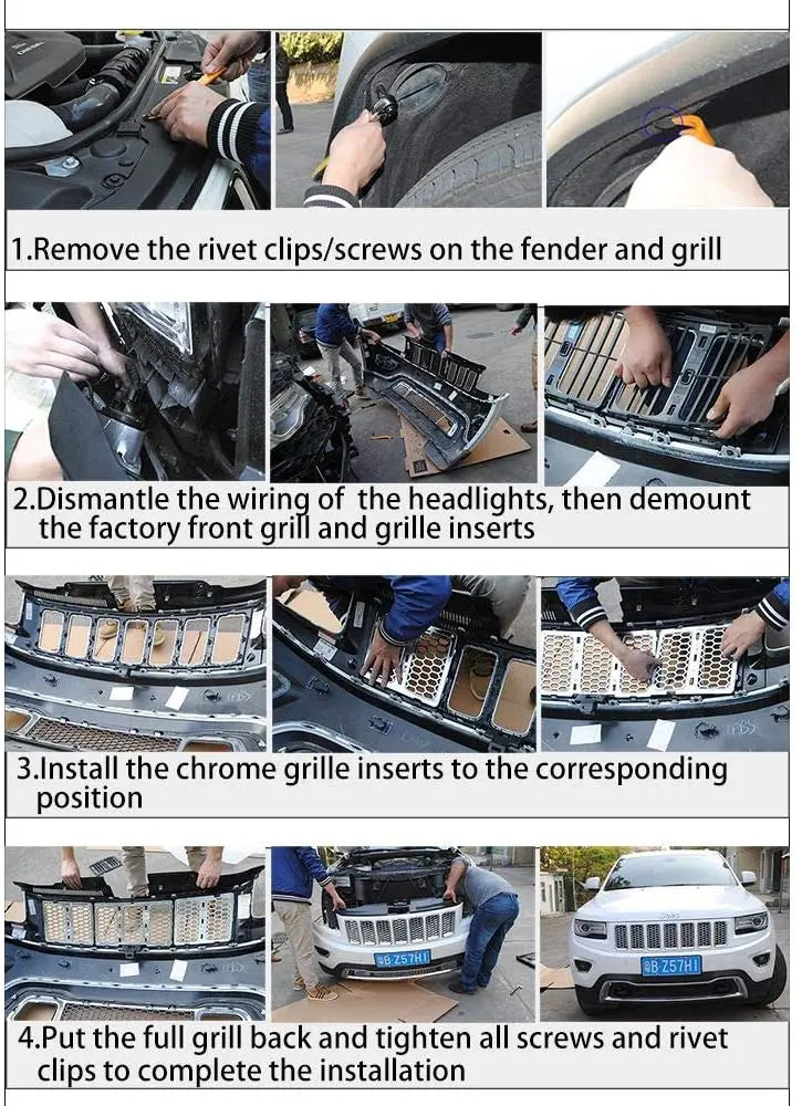 For 2014-2016 Jeep Grand Cherokee WK2 Grille Inserts Mesh Honeycomb Chrome Clip-on Cover Trim Kit