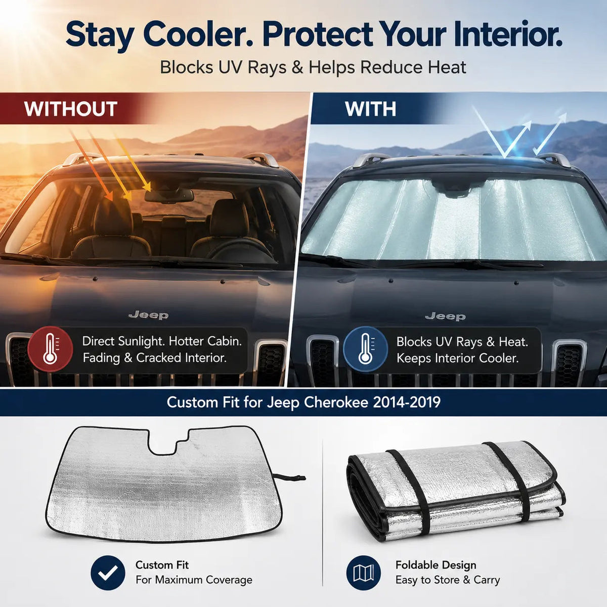 For 2014+ Jeep Cherokee Car Windshield Sunshade, Front Window Sun Shade Foldable Sun Visor Sunscreen