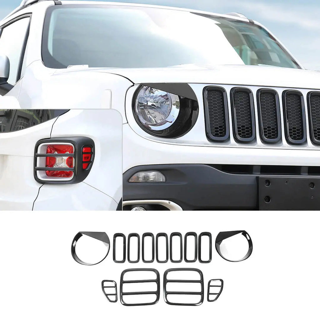 For 2016-2018 Jeep Renegade Exterior Front Headlight & Grille Insert & Rear Tail Light Cover Trim Kit (13 pcs)