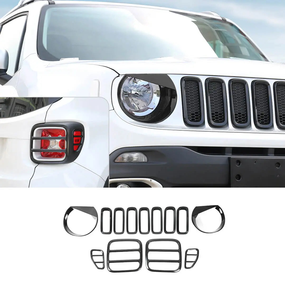 For 2016-2018 Jeep Renegade Exterior Front Headlight & Grille Insert & Rear Tail Light Cover Trim Kit (13 pcs)