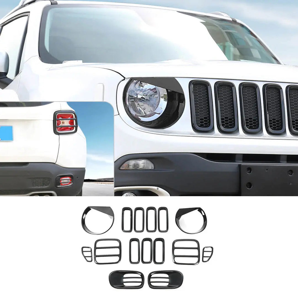 For 2016-2018 Jeep Renegade Exterior Headlight Fog Light Tail Light Front Grille Cover Trim Kit (15 pcs)