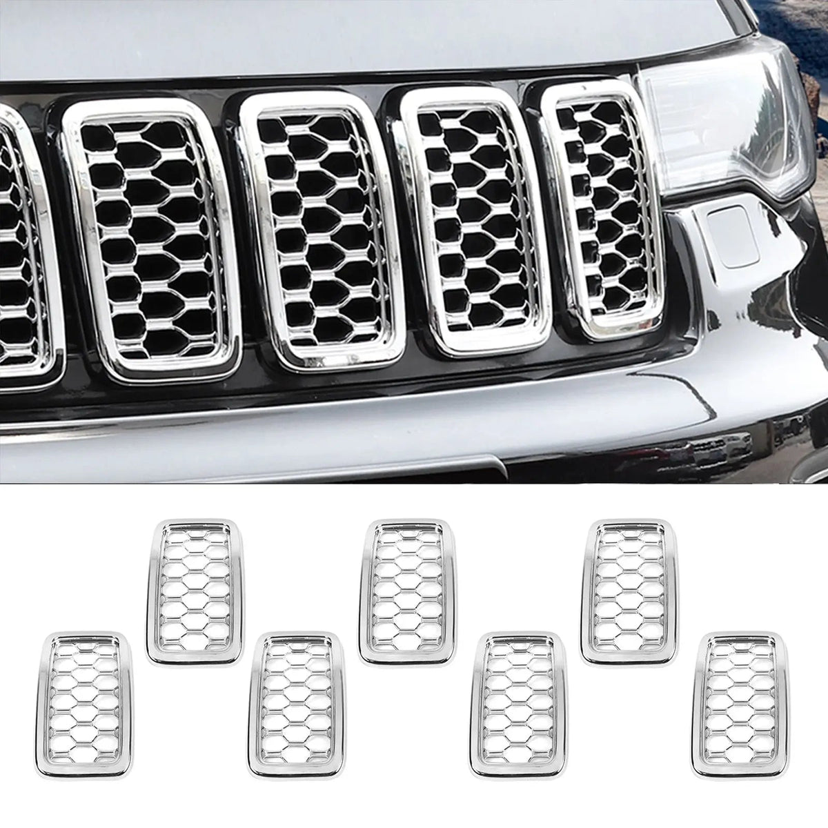 For 2017-2021 Jeep Grand Cherokee WK2 Front Grille Mesh Inserts Rings Covers Kit (Not fit for SRT, Trackhawk)