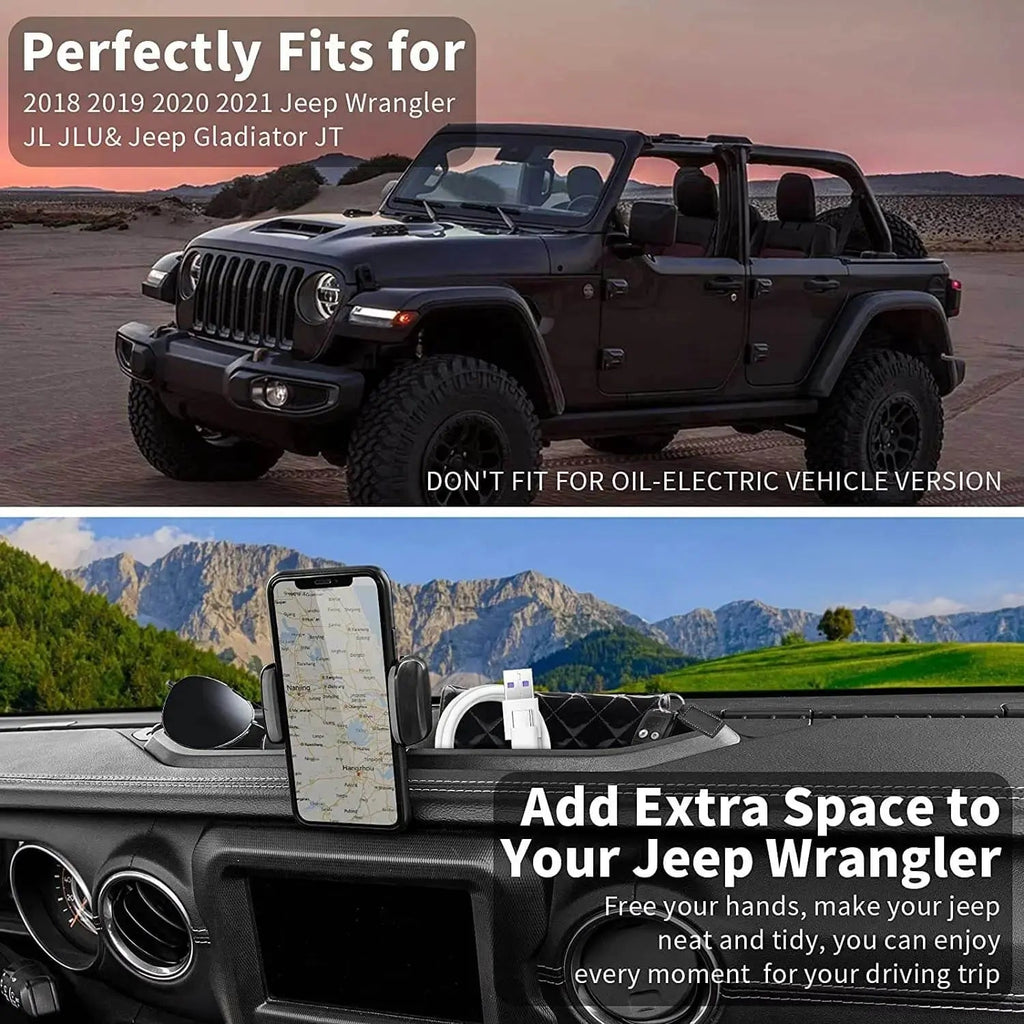 For 2018-2023 Jeep Wrangler JL JLU Gladitator JT Dash Mount Storage Tray with Phone Holder, Not for 4Xe