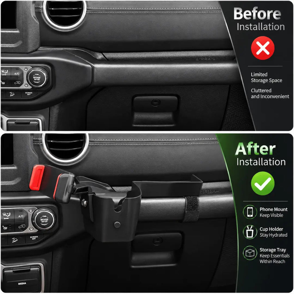 For 2018-2023 Jeep Wrangler JL JLU & Gladiator JT Passenger Co-Pilot Grab Bar Phone Mount Drink Cup Storage Tray