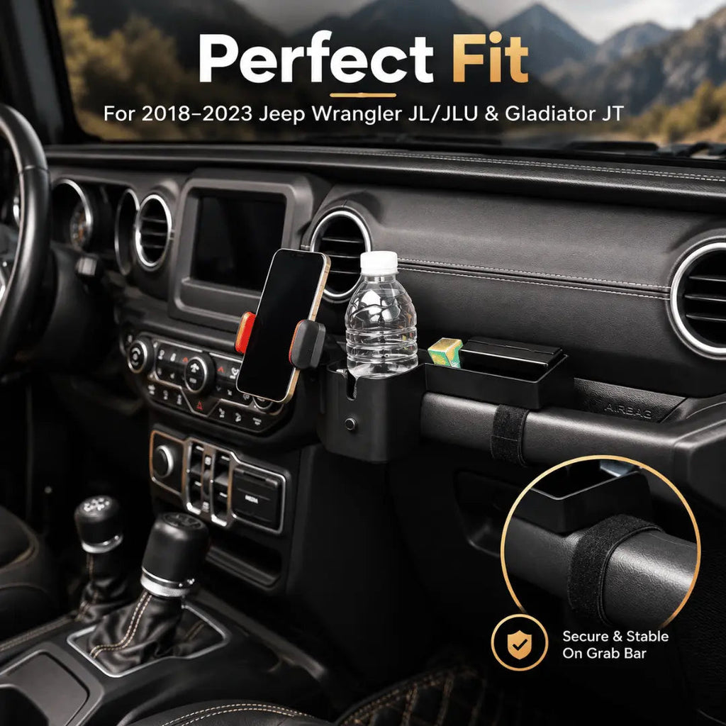 For 2018-2023 Jeep Wrangler JL JLU & Gladiator JT Passenger Co-Pilot Grab Bar Phone Mount Drink Cup Storage Tray