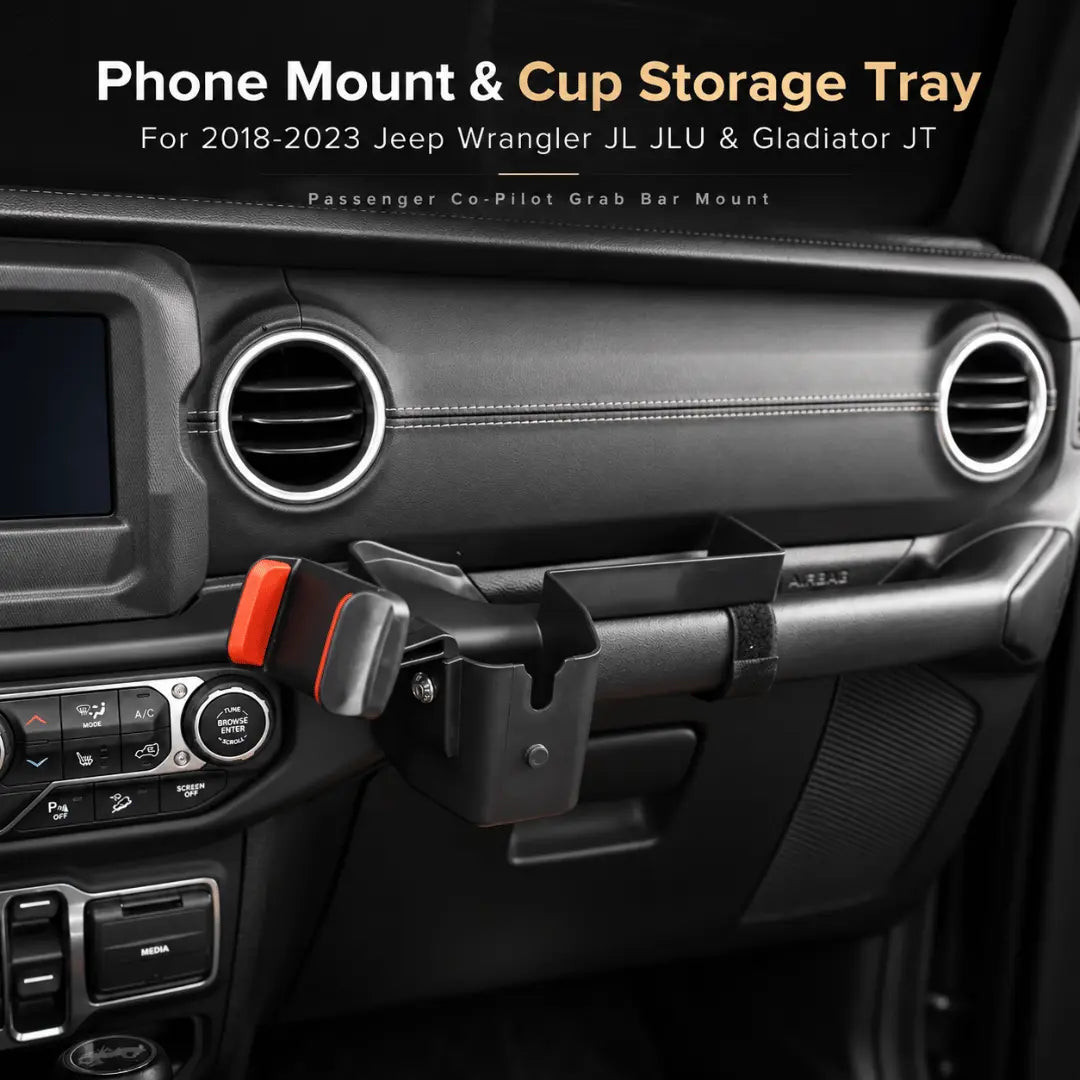 For 2018-2023 Jeep Wrangler JL JLU & Gladiator JT Passenger Co-Pilot Grab Bar Phone Mount Drink Cup Storage Tray