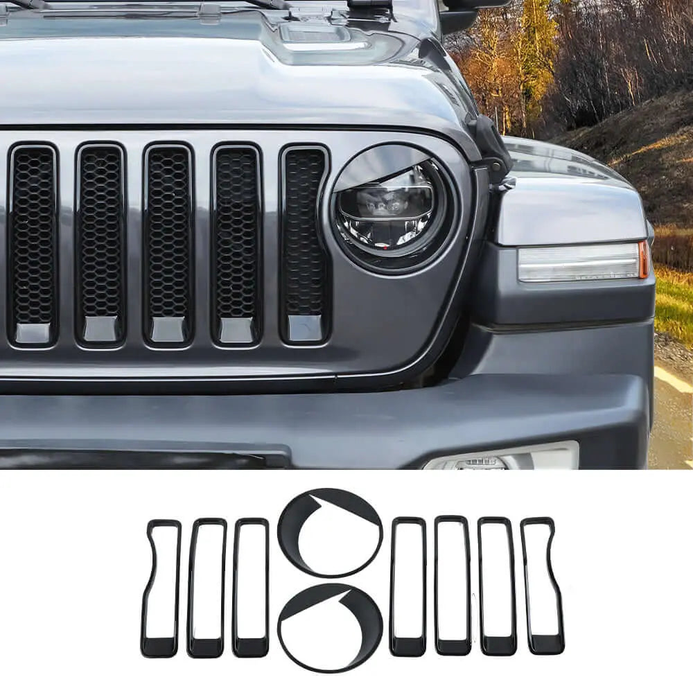 For 2018-2023 Jeep Wrangler JL Rubicon Sahara Front Grille Inserts & Angry Eyes Style Headlight Bezels Trim Kit (Does Not Fit 4XE Variants)