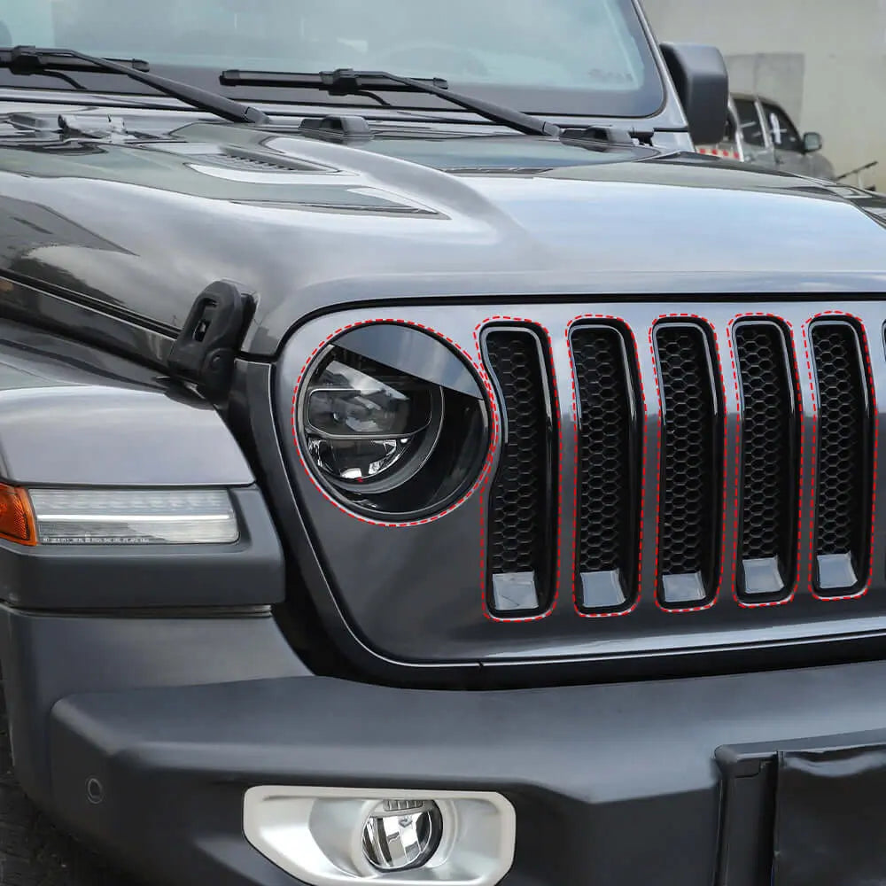 For 2018-2023 Jeep Wrangler JL Rubicon Sahara Front Grille Inserts & Angry Eyes Style Headlight Bezels Trim Kit (Does Not Fit 4XE Variants)