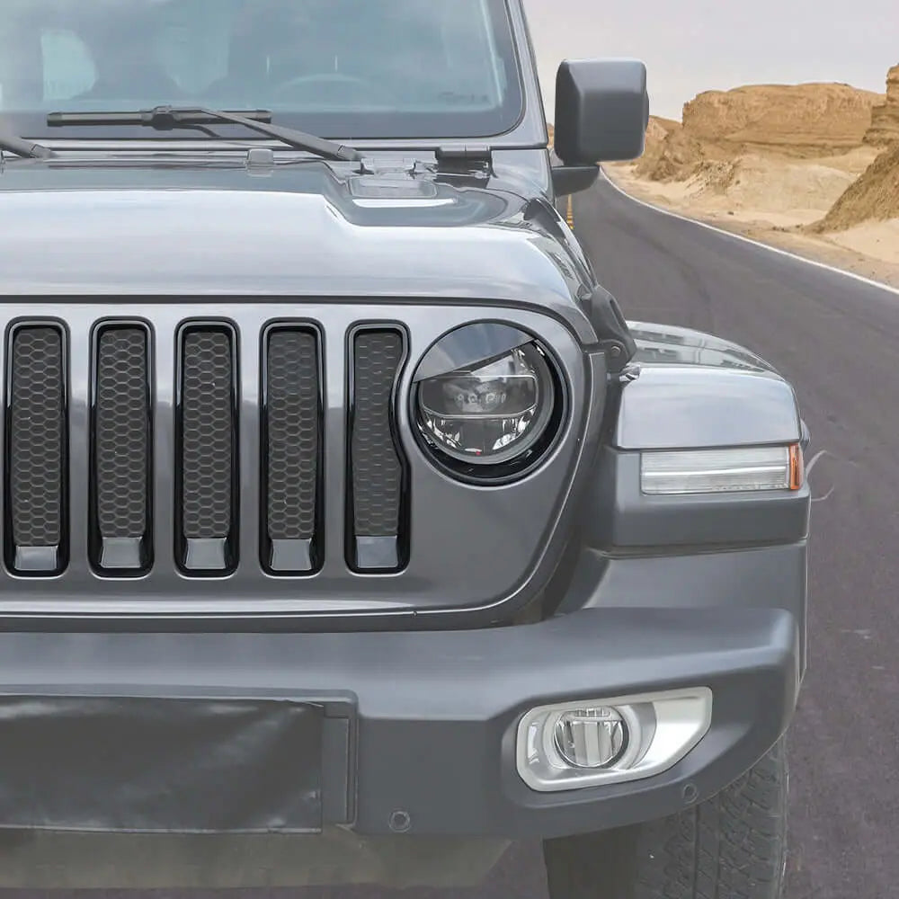 For 2018-2023 Jeep Wrangler JL Rubicon Sahara Front Grille Inserts & Angry Eyes Style Headlight Bezels Trim Kit (Does Not Fit 4XE Variants)