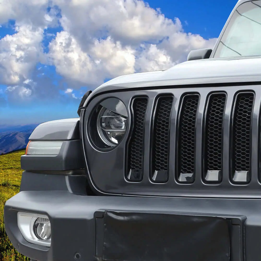 For 2018-2023 Jeep Wrangler JL Rubicon Sahara Front Grille Inserts & Angry Eyes Style Headlight Bezels Trim Kit (Does Not Fit 4XE Variants)