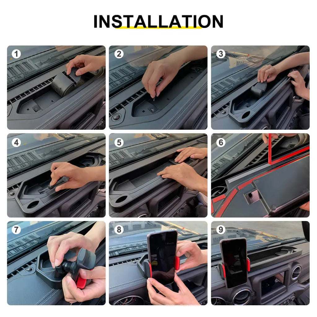 For 2018-2023 Jeep Wrangler JL & Gladiator JT Interior Center Console Dash Panel Storage Box Tray Mount Phone Holder