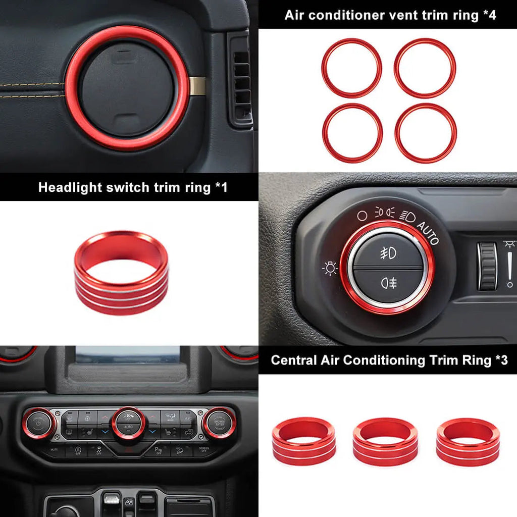 For 2018-2023 Jeep Wrangler & Gladiator JT Air Conditioning Headlight Switch Dashboard Air Vent Trim Ring (8 pcs)