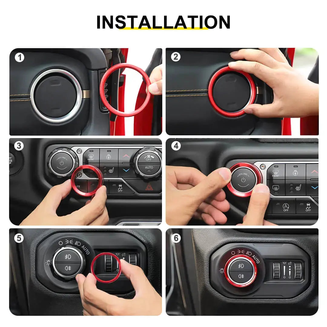 For 2018-2023 Jeep Wrangler & Gladiator JT Air Conditioning Headlight Switch Dashboard Air Vent Trim Ring (8 pcs)