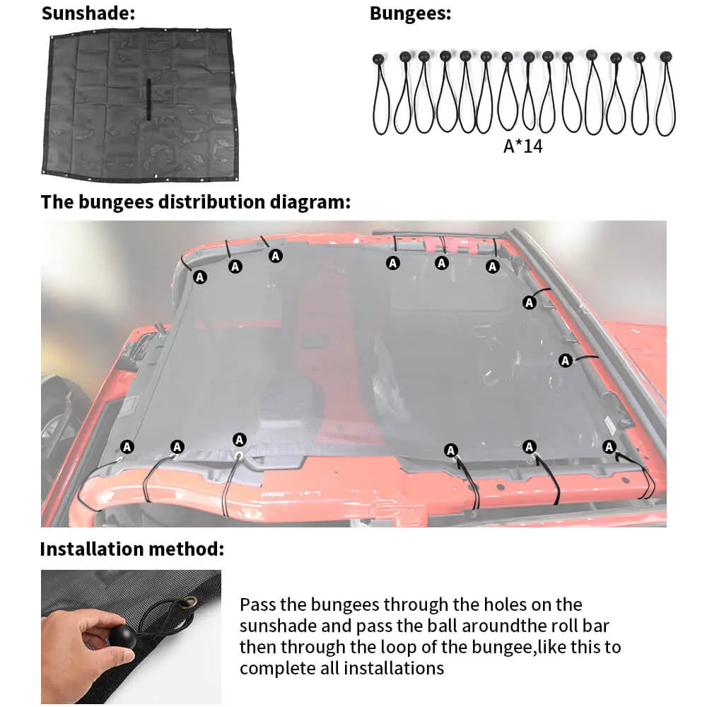 For 2018+ Jeep Wrangler JL 2Door Mesh Shade Top Cover Provides UV Insulation Net Short Size
