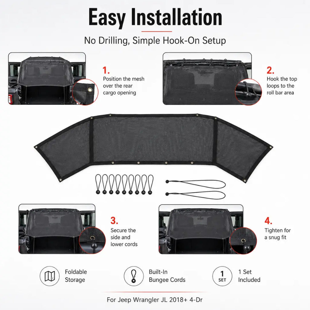 For 2018+ Jeep Wrangler JL 4-Door Trunk Sunshade Mesh Insulation Net Cover Anti-UV