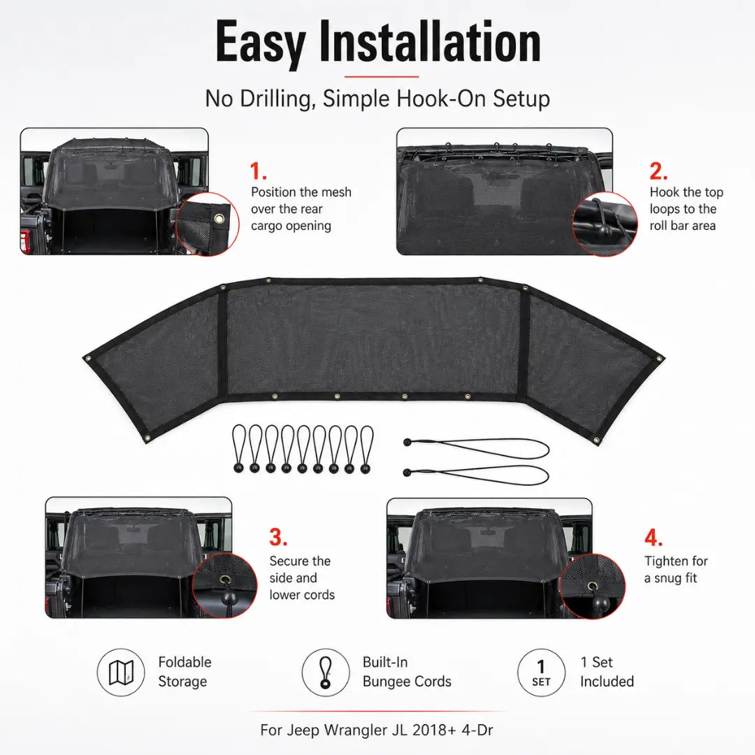 For 2018+ Jeep Wrangler JL 4-Door Trunk Sunshade Mesh Insulation Net Cover Anti-UV