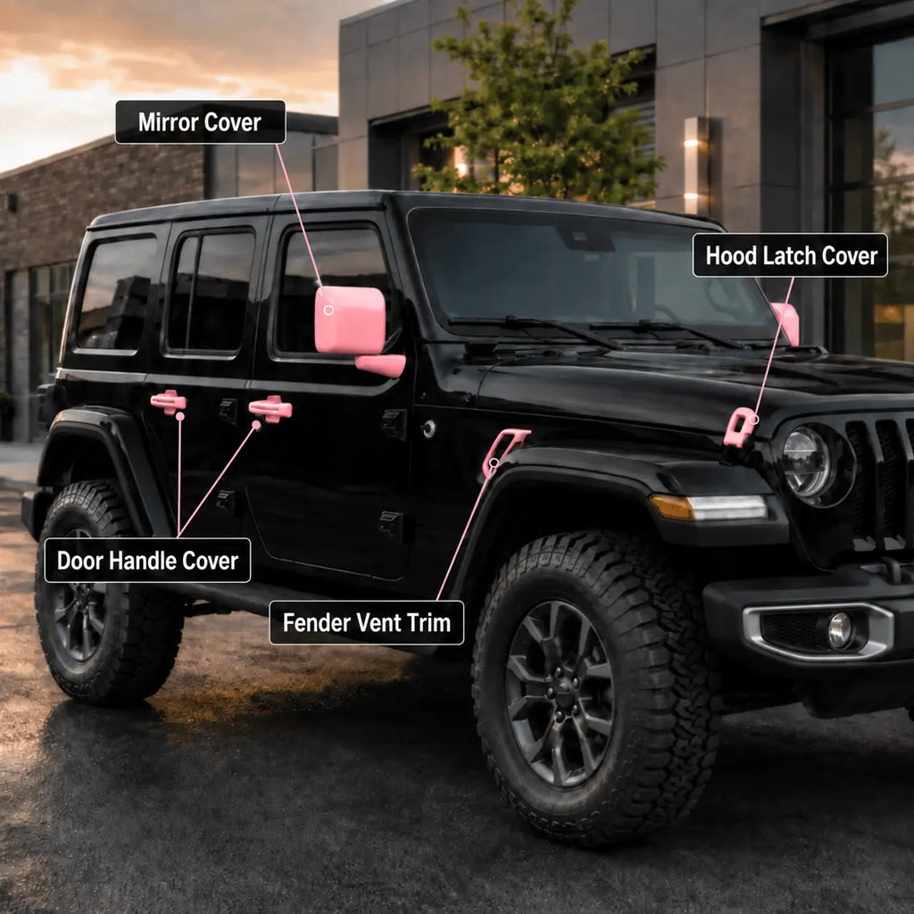 For 2018+ Jeep Wrangler JL 4-Door – 31PCS Exterior Full Set Trim Kit - Hood, Door, Tailgate Hinge & Handle Mirror Cover