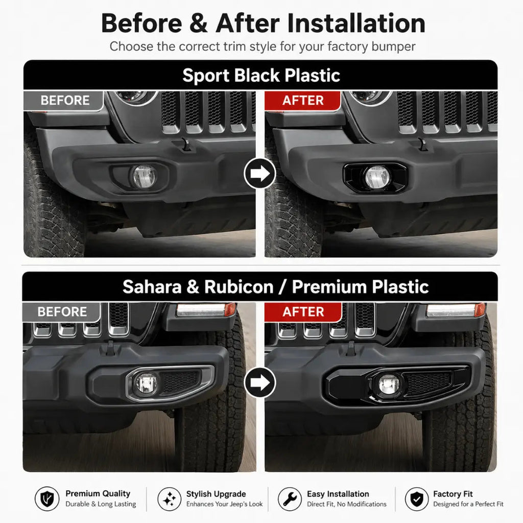For 2018+ Jeep Wrangler JL/Gladiator JT Front Fog Light & Front Bumper Fog Light Trim Bezels