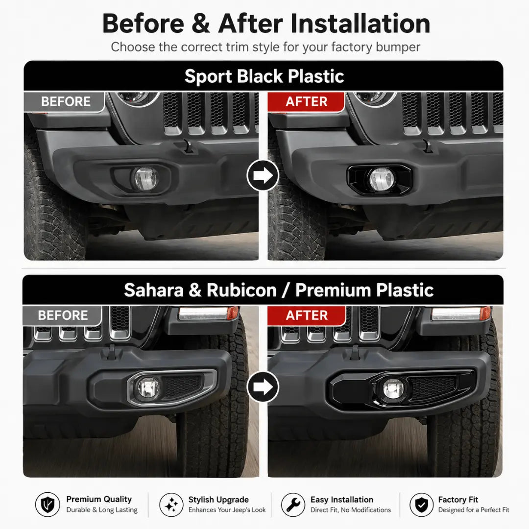 For 2018+ Jeep Wrangler JL/Gladiator JT Front Fog Light & Front Bumper Fog Light Trim Bezels