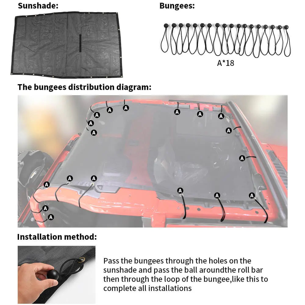 For 2018+ Jeep Wrangler JL JLU 2 Door Mesh Shade Top Cover UV Protection Polyester Durable Sun Shade Long Size