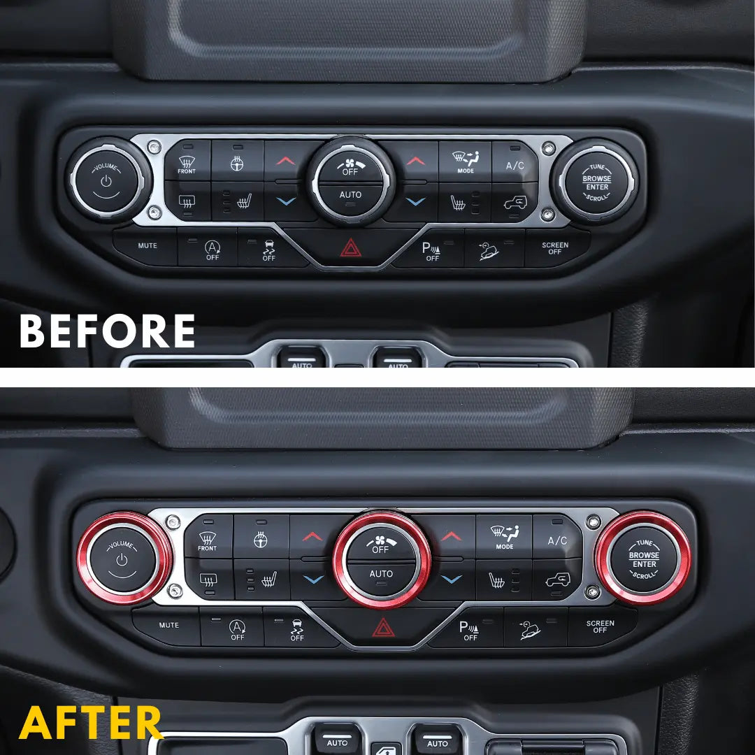 For 2018+ Jeep Wrangler JL JLU & Gladiator JT Climate Control A/C & Headlight Switch Knob Trim – Aluminum Alloy Accent Rings Style A/B/C