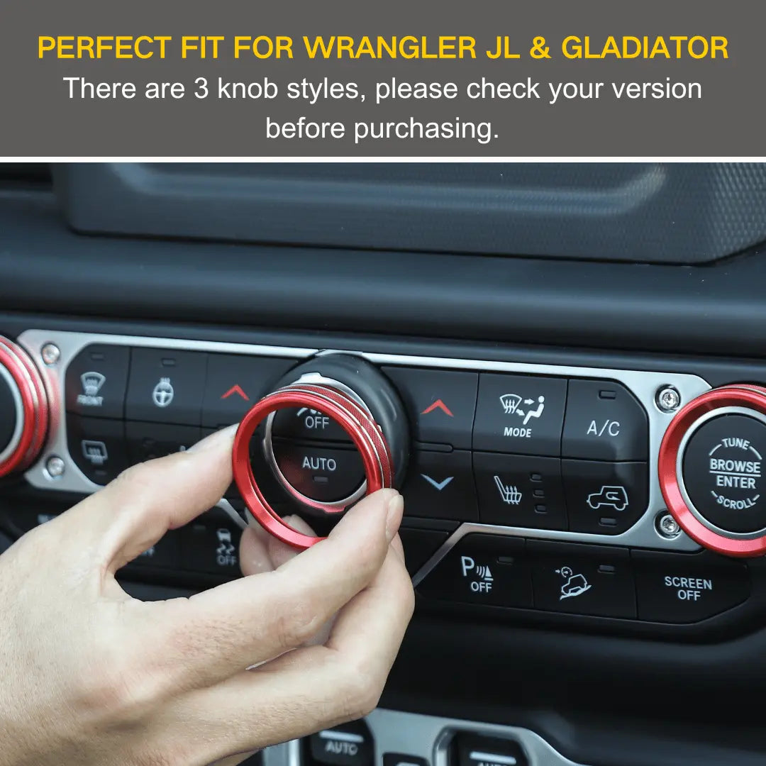 For 2018+ Jeep Wrangler JL JLU & Gladiator JT Climate Control A/C & Headlight Switch Knob Trim – Aluminum Alloy Accent Rings Style A/B/C