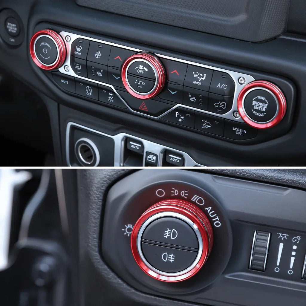 For 2018+ Jeep Wrangler JL JLU & Gladiator JT Climate Control A/C & Headlight Switch Knob Trim – Aluminum Alloy Accent Rings Style A/B/C