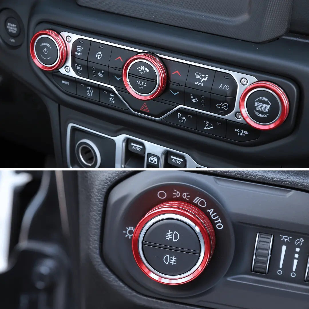 For 2018+ Jeep Wrangler JL JLU & Gladiator JT Climate Control A/C & Headlight Switch Knob Trim – Aluminum Alloy Accent Rings Style A/B/C