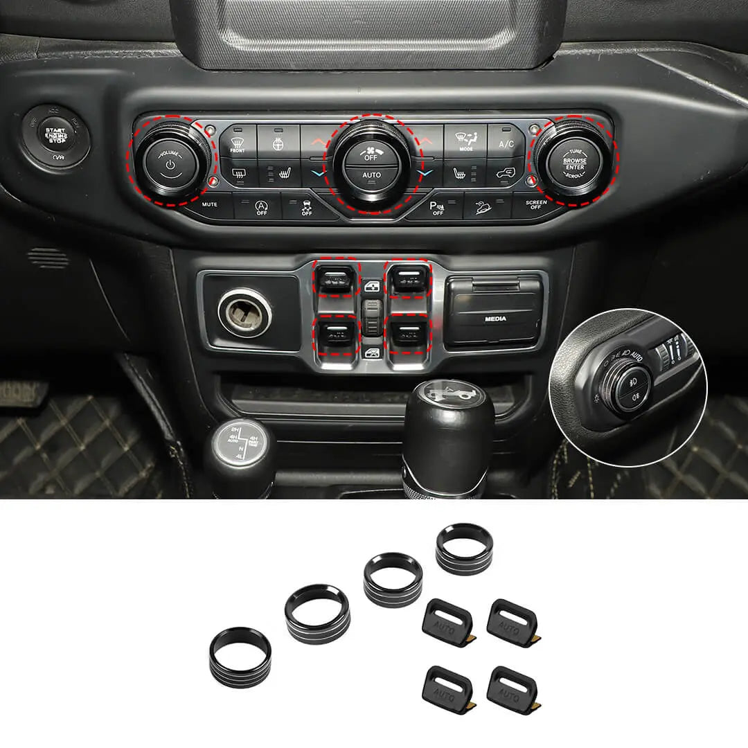 For 2018+ Jeep Wrangler JL & Gladiator JT Center Console Air Con Headlight Switch Window Control Knob Trim (8 pcs)