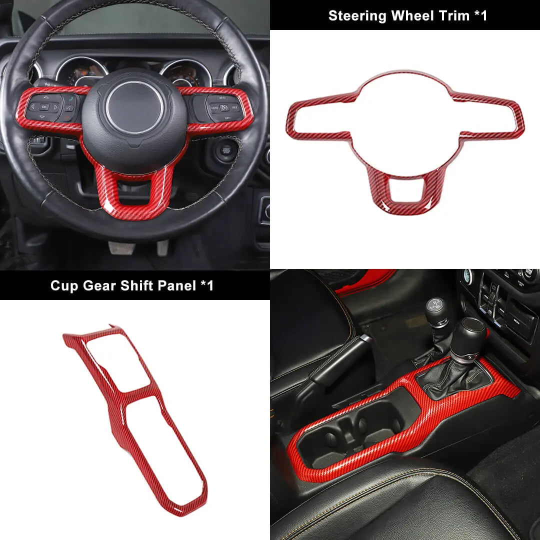 For 2018+ Jeep Wrangler JL & Gladiator JT Steering Wheel Water Cup Gear Shift Panel Cover Trim Kit (2 pcs)