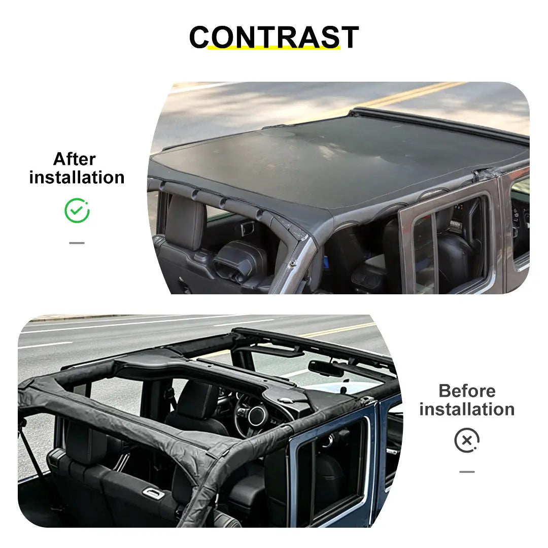 For 2018+ Jeep Wrangler JLU 4-Door Sunshade Mesh Sun Shade Top UV Protection Bikini Top Full Length with PU Leather