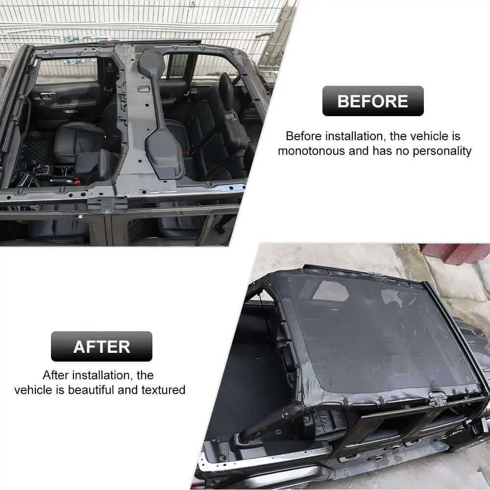 For 2018+ Jeep Wrangler JLU 4 Doors Leather Soft Top Sunshade Mesh Full Length Mesh Sun Shade UV Blocker