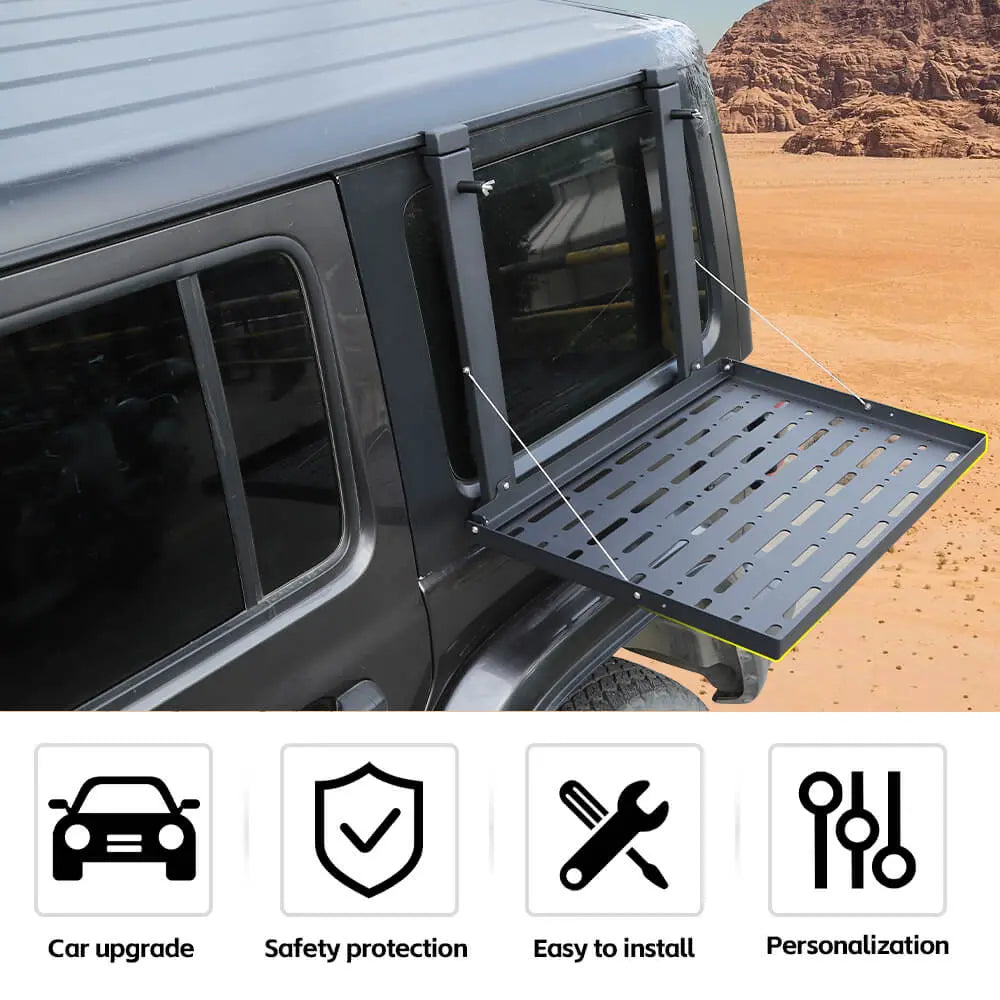 For 2018+ Jeep Wrangler JLU Aluminum Alloy Rear Window Glass Armor & Foldable Table Rack