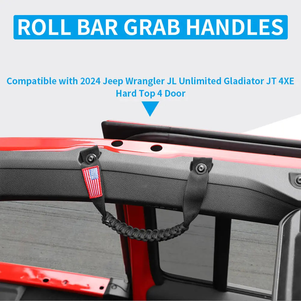 For 2024+ Jeep Wrangler JL/Gladiator JT 2 x Roll Bar Roof Top Paracord Grab Handles Grip US Flag