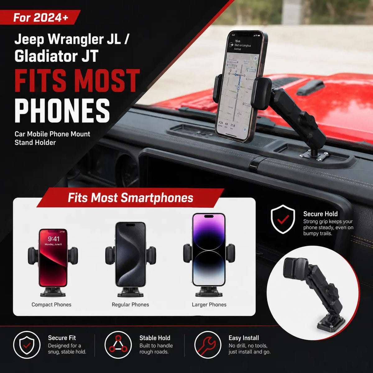 For 2024+ Jeep Wrangler JL/Gladiator JT Car Mobile Phone Mount Stand Holder