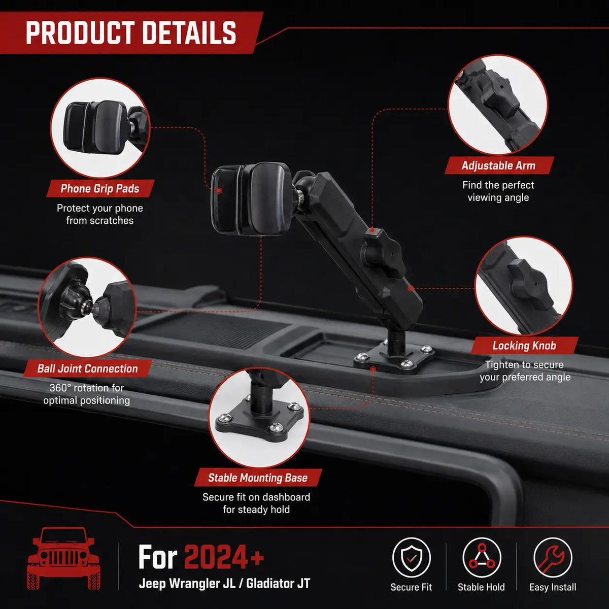 For 2024+ Jeep Wrangler JL/Gladiator JT Car Mobile Phone Mount Stand Holder