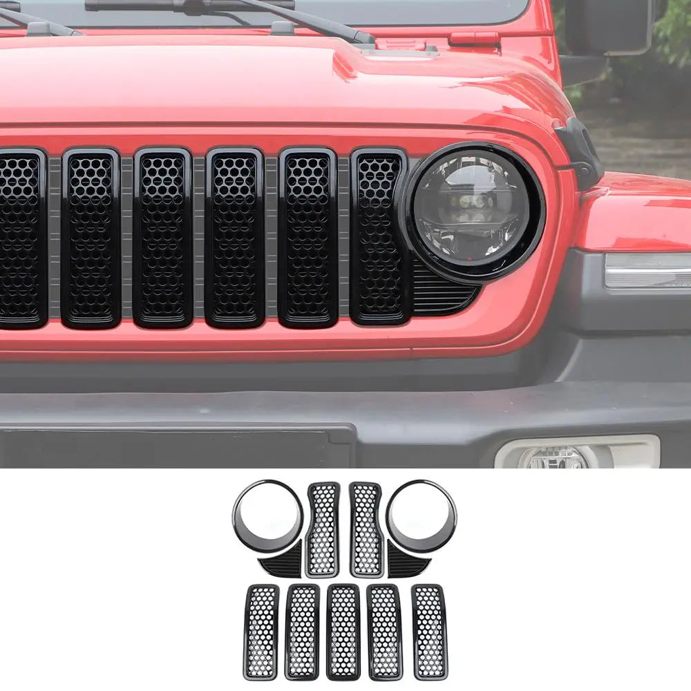 For 2024+ Jeep Wrangler JL/Gladiator JT Upgrade Front Honeycomb Mesh Grille+Front Headlight Bezels+Center Mesh Piece Cover Trim Kit