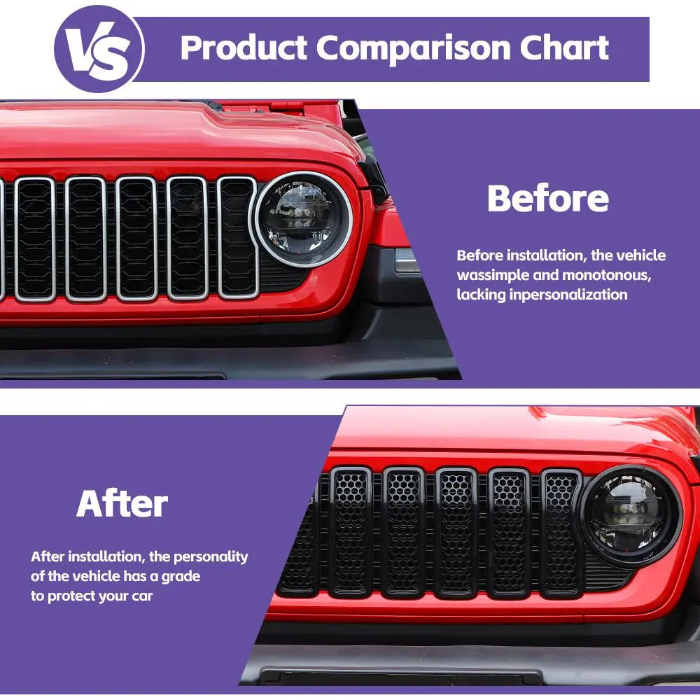 For 2024+ Jeep Wrangler JL/Gladiator JT Upgrade Front Honeycomb Mesh Grille+Front Headlight Bezels+Center Mesh Piece Cover Trim Kit