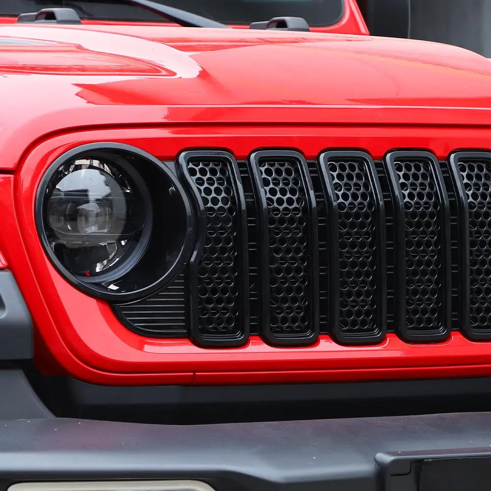 For 2024+ Jeep Wrangler JL/Gladiator JT Upgrade Front Honeycomb Mesh Grille+Front Headlight Bezels+Center Mesh Piece Cover Trim Kit
