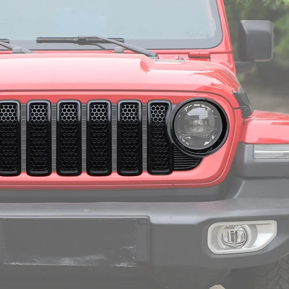 For 2024+ Jeep Wrangler JL/Gladiator JT Upgrade Front Honeycomb Mesh Grille+Front Headlight Bezels+Center Mesh Piece Cover Trim Kit