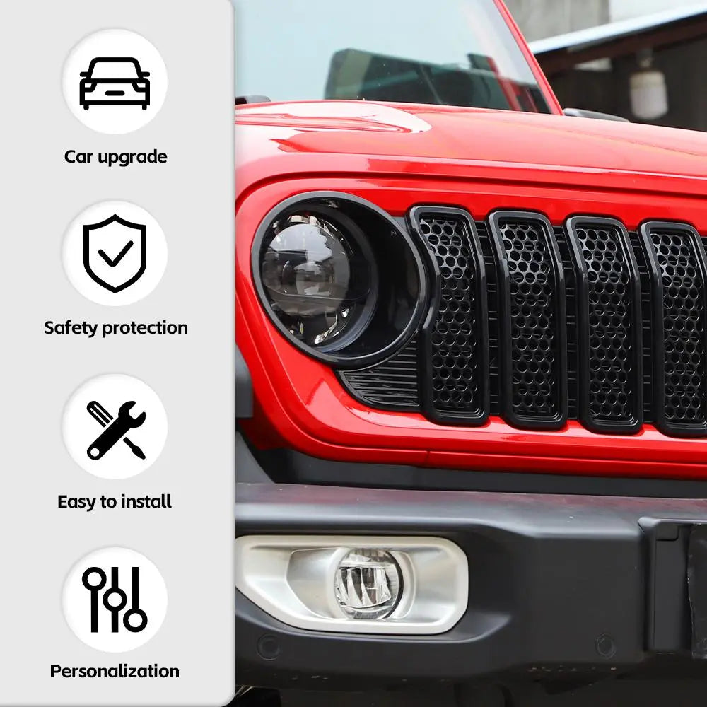 For 2024+ Jeep Wrangler JL/Gladiator JT Upgrade Front Honeycomb Mesh Grille+Front Headlight Bezels+Center Mesh Piece Cover Trim Kit
