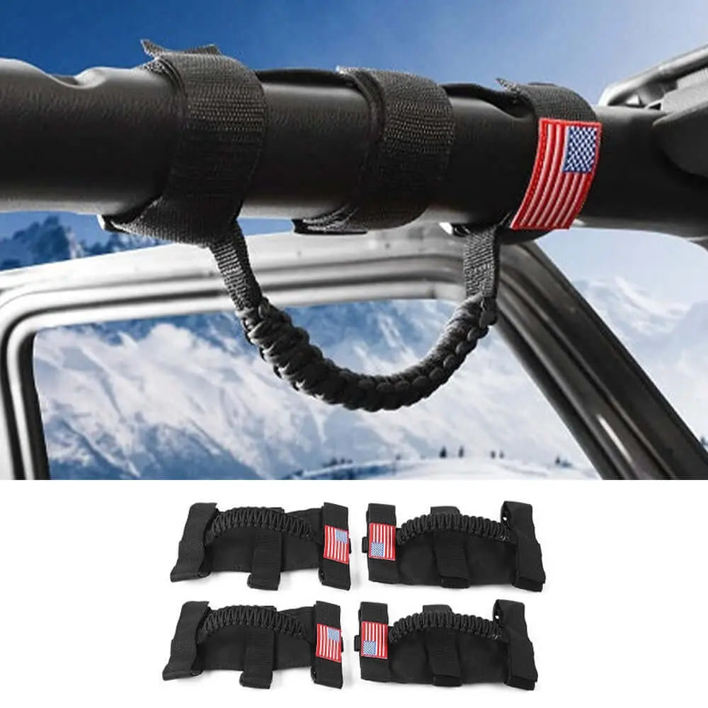 For Jeep Wrangler CJ LJ YJ TJ JK JL & Gladiator JT 4 x Roll Bar Paracord Grab Grip Handle with USA Flag