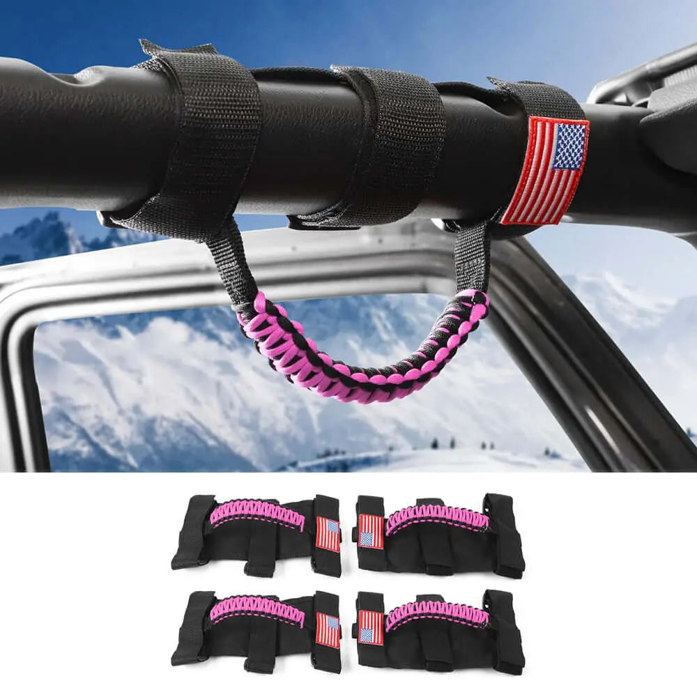 For Jeep Wrangler CJ LJ YJ TJ JK JL & Gladiator JT 4 x Roll Bar Paracord Grab Grip Handle with USA Flag