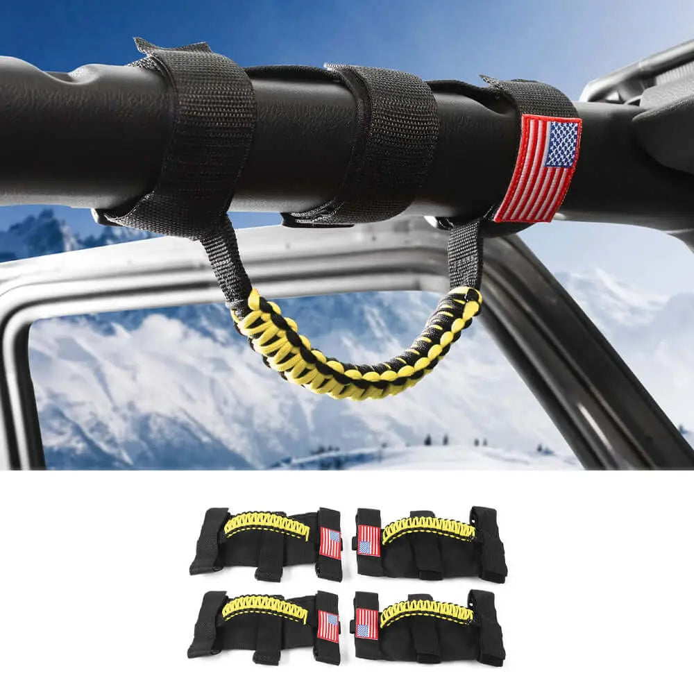 For Jeep Wrangler CJ LJ YJ TJ JK JL & Gladiator JT 4 x Roll Bar Paracord Grab Grip Handle with USA Flag