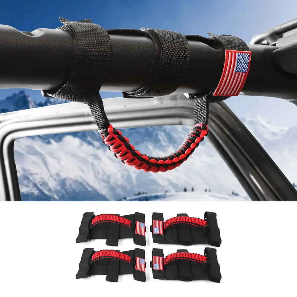 For Jeep Wrangler CJ LJ YJ TJ JK JL & Gladiator JT 4 x Roll Bar Paracord Grab Grip Handle with USA Flag