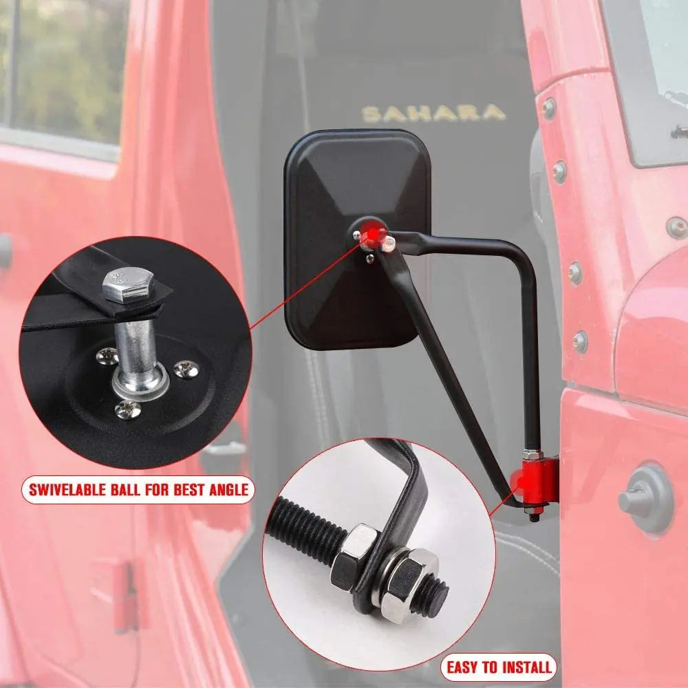 For Jeep Wrangler CJ YJ TJ JK JL & JT Side Mirrors Square Doorless Rear View Quick Release Mirrors Textured