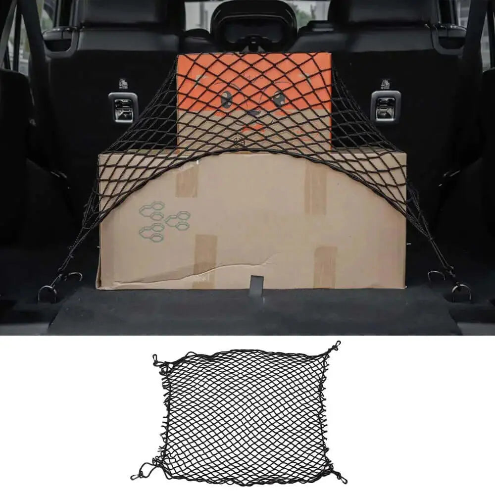 For Jeep Wrangler JK JL JKU Rear Cargo Nets Trunk Storage Bungee  (32.2''x18.5'') Organizer Mesh Nets with 4 Hooks
