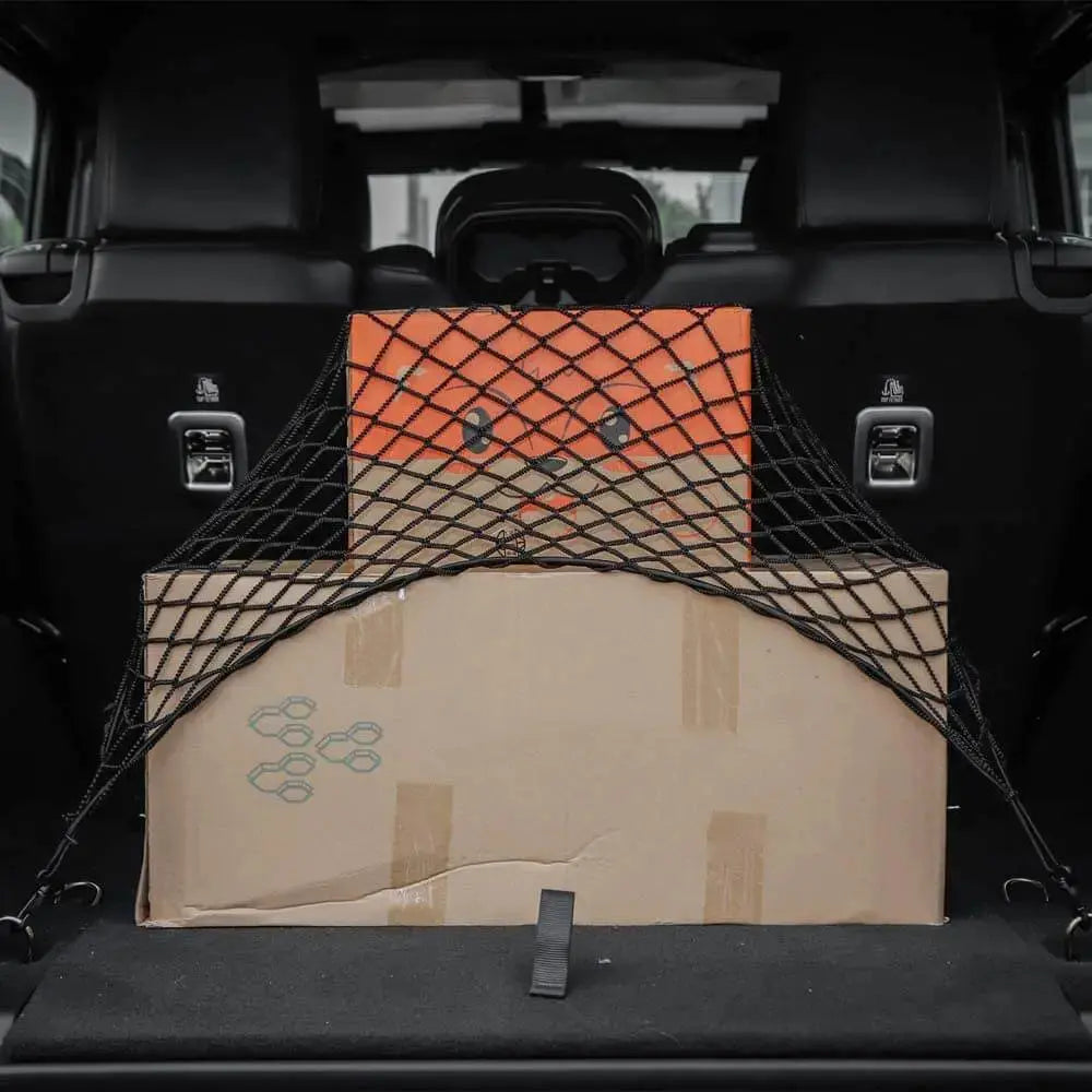 For Jeep Wrangler JK JL JKU Rear Cargo Nets Trunk Storage Bungee  (32.2''x18.5'') Organizer Mesh Nets with 4 Hooks