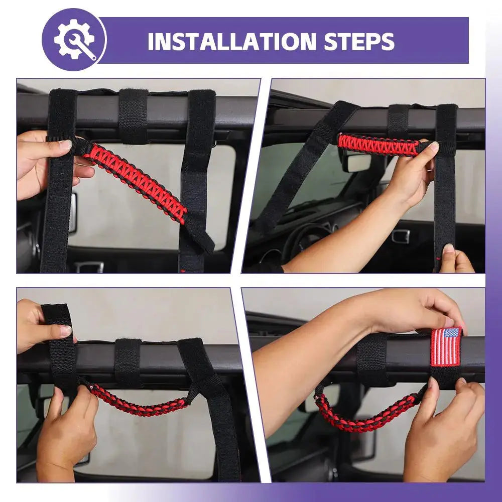 For Jeep Wrangler JK JL JT Roll Bar Paracord Grab Handles with LED Light US Flag- 2Pack