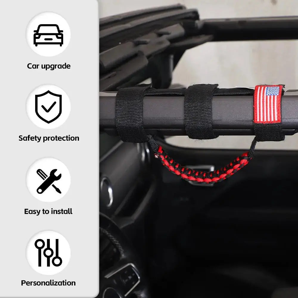 For Jeep Wrangler JK JL JT Roll Bar Paracord Grab Handles with LED Light US Flag- 2Pack